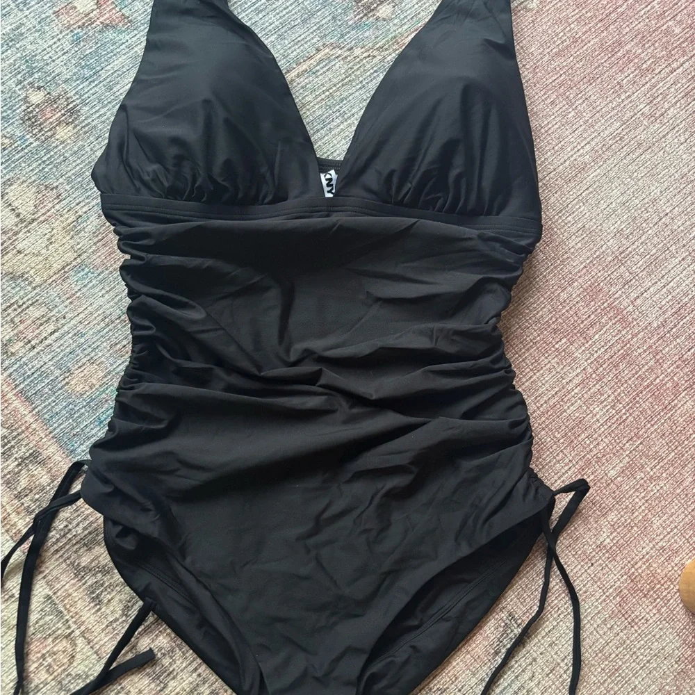 DKNY Black Ruched One-Piece Swimsuit with Side Ties - Picture 2 of 4